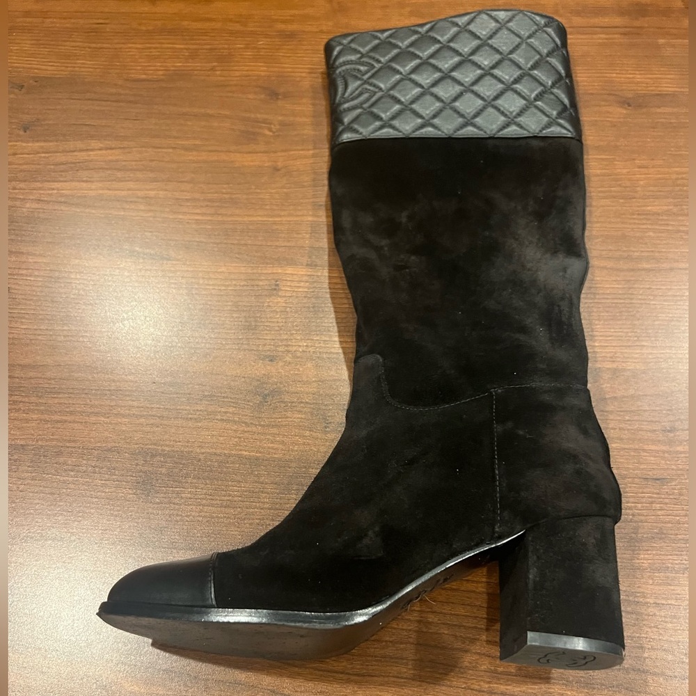 CC black suede & quilted leather knee-high cap toe ridding boots SZ 41 EU 9 US - Picture 8 of 16